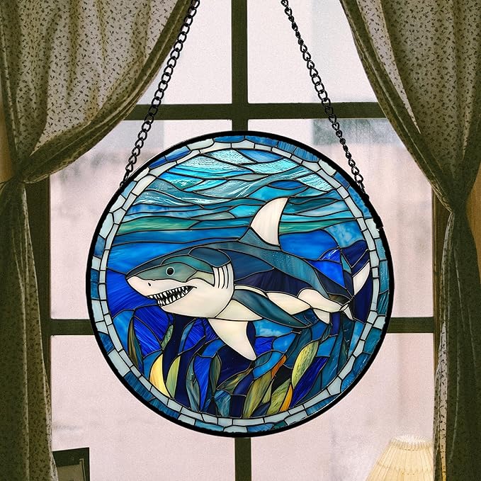 Stained Glass Suncatcher, Blue Ocean Big Shark Sun Catcher Waterweed Stain Glass Window Hanging Decoration Mother's Day Birthday Gifts for Women Men Mom Nana 11.8 in