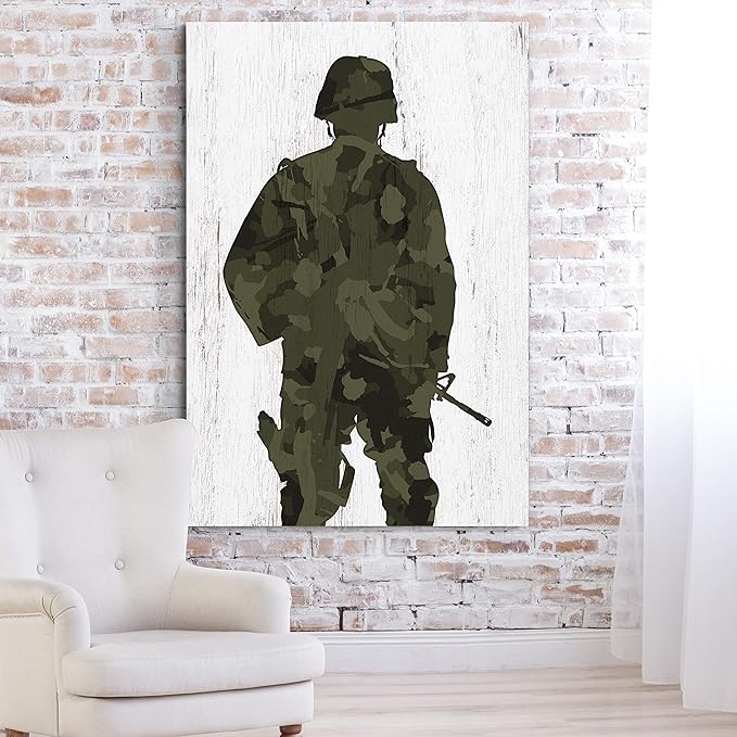 Renditions Gallery Canvas Figurative Wall Art Modern Paintings Decorations Military Soldier Silhouette Abstract Green Black American Patriotic Artwork for Bedroom Office Kitchen - 24"x32" LT25