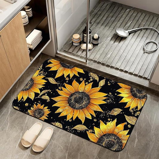 Glittering Sunflowers Bath Mat,Diatomaceous Earth Bath Mat,Rubber Backing Quick Dry Absorbent Washable Bathroom Rugs for Tub Non Slip 17"x29.5"
