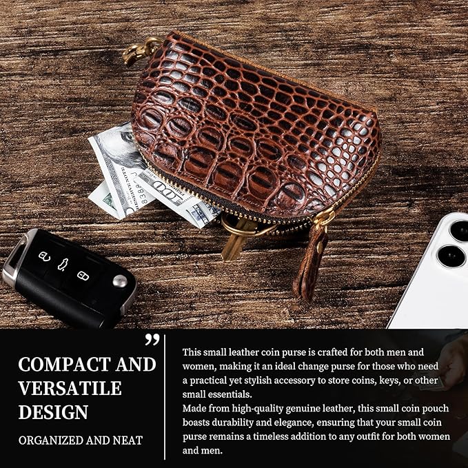 Gexmil Genuine Leather Coin Purse with Zipper, Full Grain Leather, Mini Coin Pouch for Women Men, Change Wallet,Crocodile Brown