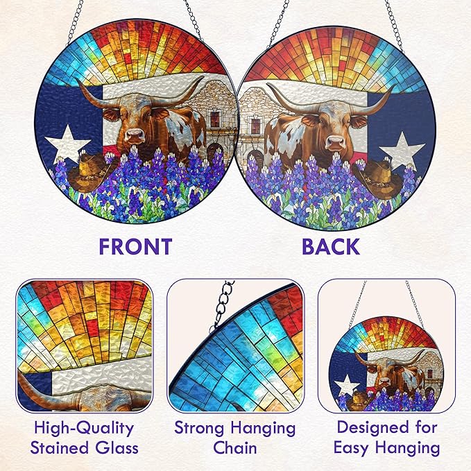 FLAGWIX Texas Gifts for Women Men - Stained Glass Window Hanging 10 in - Sun Catchers Indoor Window for Garden Decor, Texas Themed Gifts for Mom Dad Texans Friends, Sun Catcher for Door Home Decor