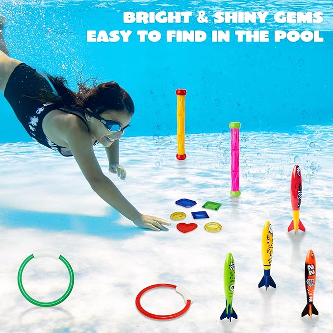 JOYIN 18Pcs Diving Pool Toys for Kids, Swimming Pool Toy with Storage Bag Includes 4 Pool Rings, 4 Diving Sticks, 4 Bandits, 6 Treasures Underwater Swim Pool Games for Ages 8-12