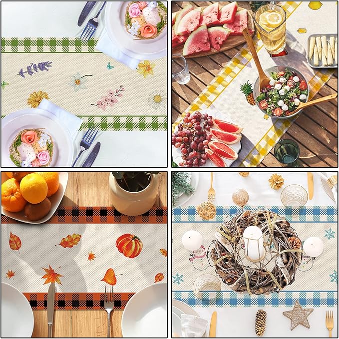 4 Pcs Cute Gnomes Buffalo Plaid Table Runner 72 Inches Long, Hello Spring Hello Summer Seasonal Table Decor, Hello Fall Hello Winter Burlap Table Runner for Kitchen Farmhouse Home Party