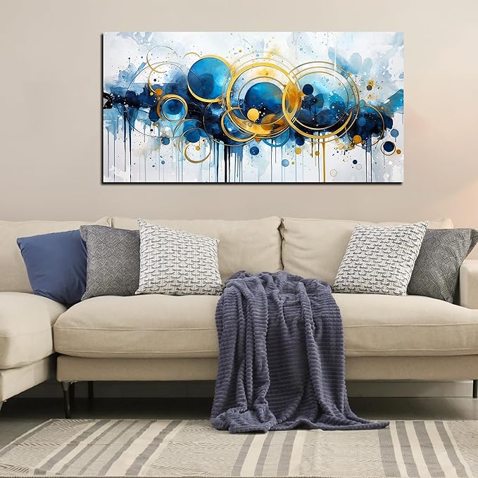 JKWALL77 Big Abstract Canvas Wall Art for Living Room - Blue Modern Wall Decor Ready to Hang Size 29" x 59"