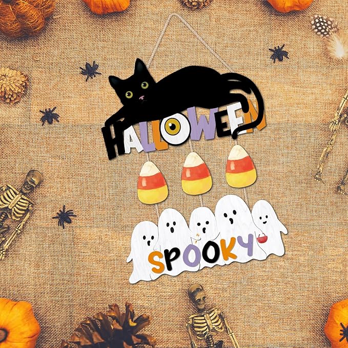 CHDITB Halloween Black Cat Wooden Sign, Spooky Ghosts Wooden Hanging Plaque, Festive Halloween Front Door Sign, Halloween Wall Art Hanger for Thanksgiving Halloween Party Decoration