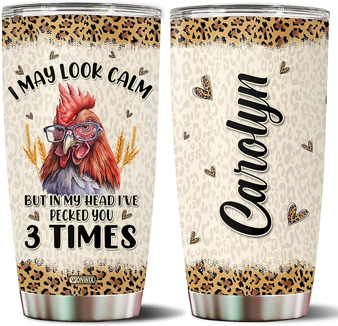 Personalized Chicken Tumbler Funny Rooster Gifts for Women Insulated Stainless Steel 20oz With Lid Travel Cup Coffee Mug Water Bottle Gift for Her Girl Friends