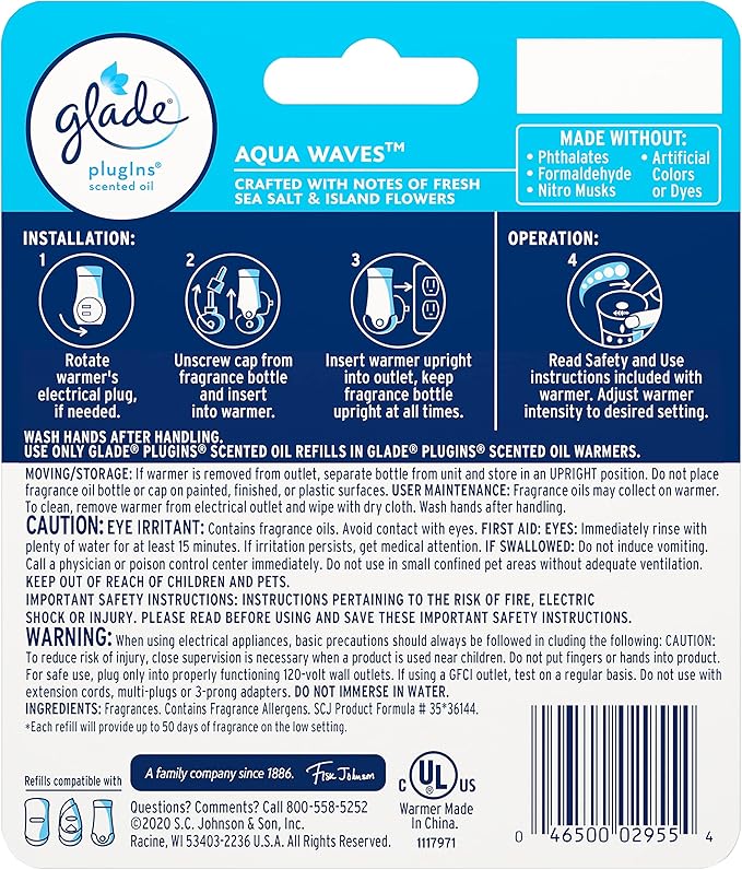 Glade PlugIns Refills Air Freshener Starter Kit, Scented and Essential Oils for Home and Bathroom, Aqua Waves, 4.02 Fl Oz, 2 Warmers + 6 Refills
