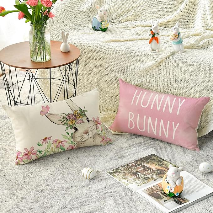AVOIN colorlife Happy Easter Hunny Bunny Pink Throw Pillow Covers, 12 x 20 Inch Easter Eggs Bunny Spring Cushion Case for Sofa Couch Set of 4
