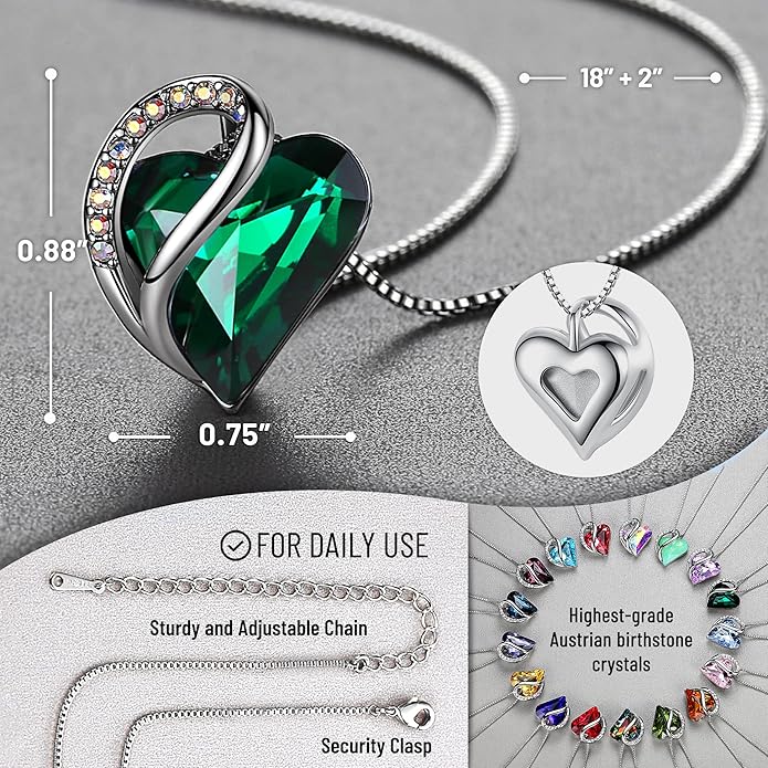 Leafael Valentine's Day Gift Necklaces for Women, Infinity Love Birthstone Heart Crystal Pendant, Birthday Anniversary Jewelry for Wife, Mom, and Her, Silver Plated, 18" + 2" Adjustable Chain