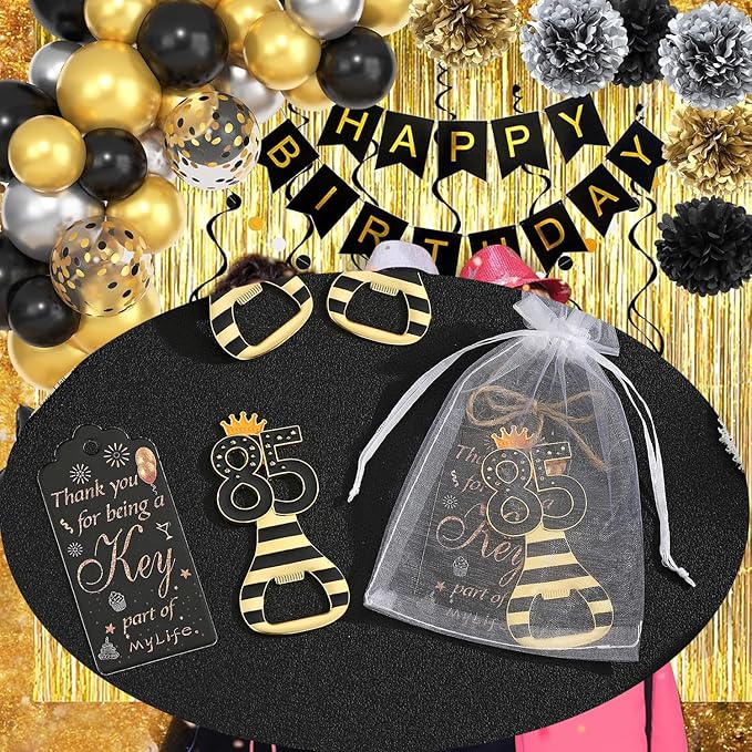 24pcs 85th Gold Keychain Bottle Opener 85th Birthday Party Favors, 85 Keychain Beer Bottle Opener Favors Anniversary Souvenirs Return Gifts for Guests Party Decor Supplies (black 85)