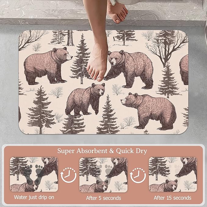 Retro Bear Bathroom Rugs,Bath Mats for Bathroom,Forest Printed Low Pile Absorbent Bath Mat,Rubber Backing Non Slip Washable Thin Quick Dry Door Mat 17x29.5 Inch