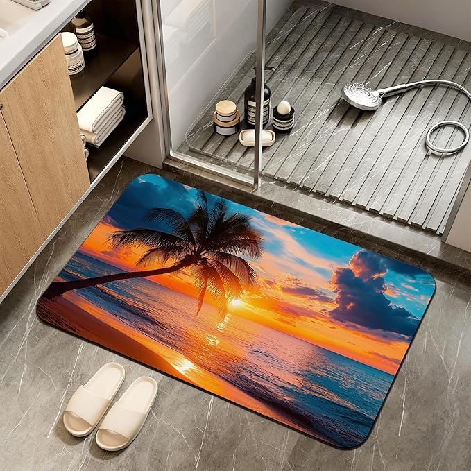 Tropical Palm Bathroom Rugs,Bath Mats for Bathroom,Sunset Sea Beach Low Pile Absorbent Bath Mat,Rubber Backing Non Slip Washable Thin Quick Dry Door Mat 17x29.5 Inch