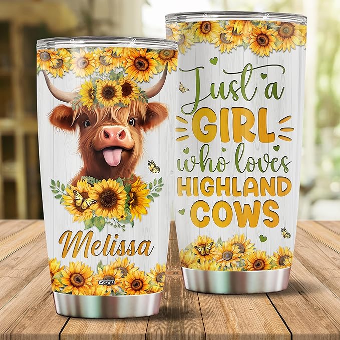 Personalized Cow Gifts for Women Stainless Steel Tumbler 20oz With Lid Just A Girl Who Loves Highland Cows Travel Cup Coffee Mug Gift for Her Daughter Girls Kids