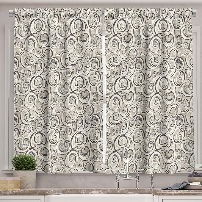 Ambesonne Abstract Long Kitchen Curtains, Contemporary Monochrome Swirly Waves Paint Print Autumn Mysteries, 2 Panel Set Drapes with Rod Pocket Room Decor, 55" x 45", Dusk Dark Taupe Off White