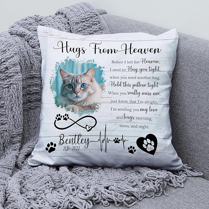 Personalized Pet Memorial Throw Pillow (Insert Included), Hugs from Heaven Cat Memorial Pillow, Cat Memorial Gifts for Loss of Cat, Cat Remembrance Gifts, Cat Memorial Gifts, Pet Loss Gifts