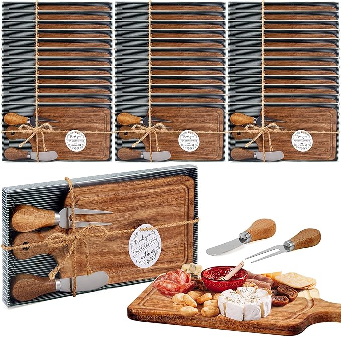 36 Set Bridal Baby Shower Cheese Prizes Wooden Square Board Gift Set Knives Forks Thank You Tags with Box for Guests for Valentines Bridal Baby Shower Housewarming Gifts (Acacia Color)