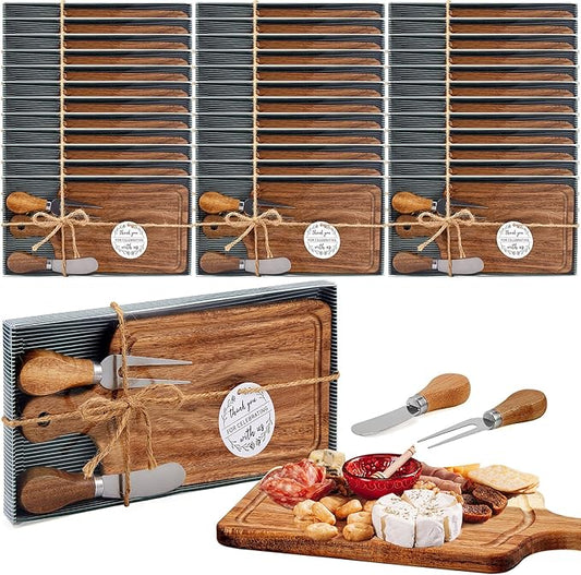 36 Set Bridal Baby Shower Cheese Prizes Wooden Square Board Gift Set Knives Forks Thank You Tags with Box for Guests for Valentines Bridal Baby Shower Housewarming Gifts (Acacia Color)