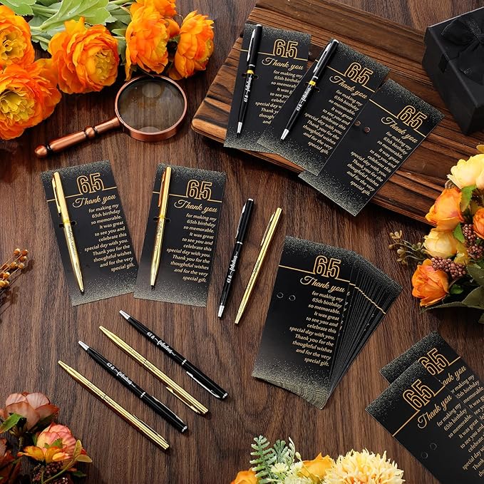25 Sets 65th Birthday Party Favors for Guests with Black and Gold Birthday Ballpoint Pens and Glitter Thank You Cards for Women Men Anniversary Party Appreciation Gifts