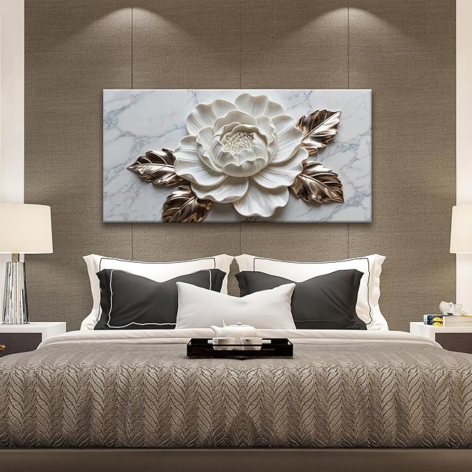 Suconvng Canvas Art Wall Decor Print Paintings Marble Texture White Flower Wall Art Prints Pictures Ready To Hang Pictures For Bedroom Bathroom Office Kitchen Home Wall Decor Artwork 20" × 40"