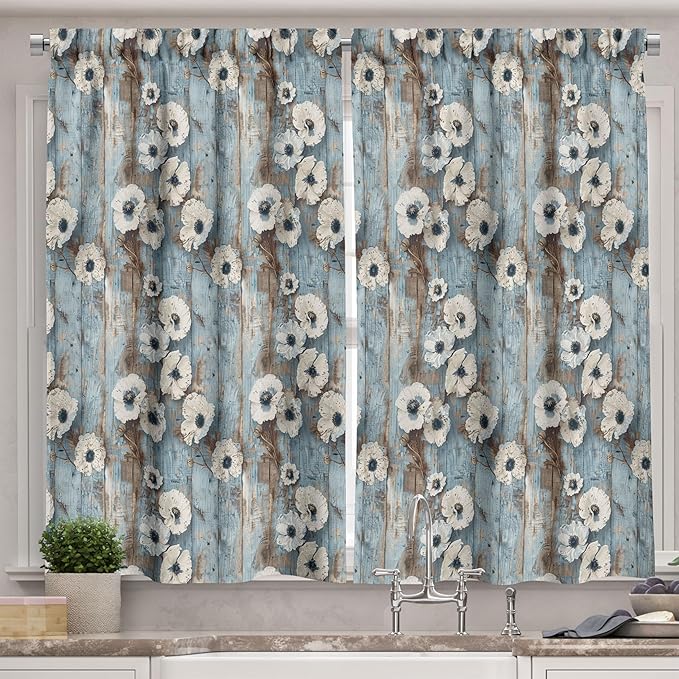 Ambesonne Floral Kitchen Curtains, Farmhouse Countryside Vibe Vintage Weathered Vertical Planks Flowers, Window Drapes 2 Panel Set for Kitchen Cafe Decor, 55" x 36", Coconut Pale Blue and Dusk