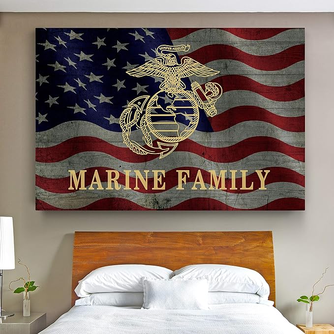 Renditions Gallery Canvas Patriotic Wall Art Modern Paintings & Prints Decorations American Marine Family Glam Loyal Military Wall Hanging for Bedroom Office Kitchen - 24"x32" LT25