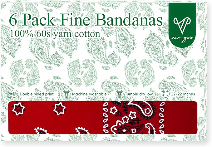 Vamqor Bandanas Gift Box 6 pack,Premium Super Soft 60s Cotton Paisley Bandannas Handkerchiefs for Men,Women and Kids