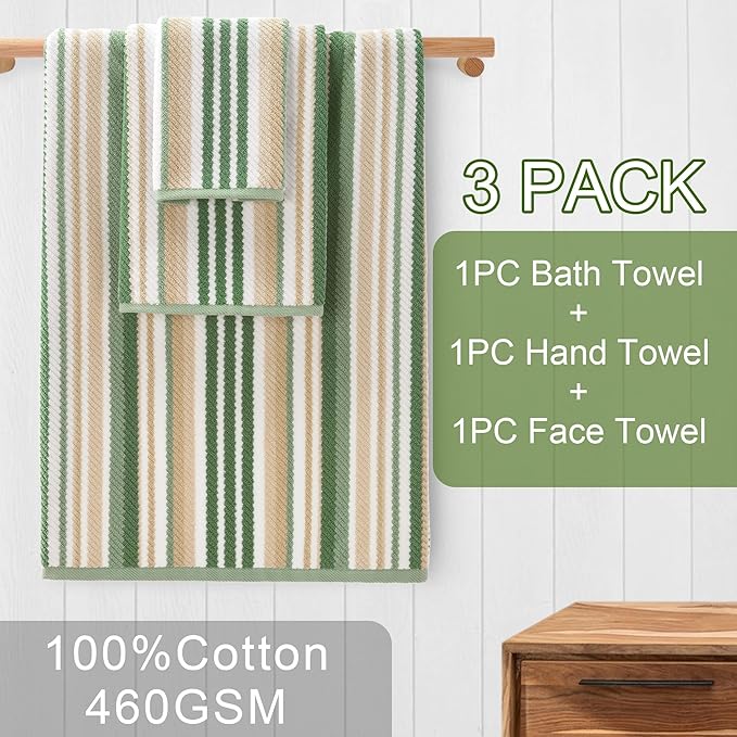 Green Striped Towels - 100% Cotton, Quick Dry, Soft & Absorbent, 3PC Luxury Towels Set (Bath 28"x52", Hand 16"x27", Wash Cloth 13"x13"), Stripe Shower Towel with Hanging Loop, Sage and Beige