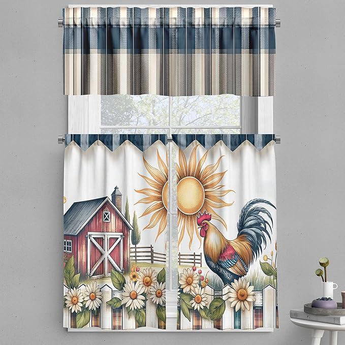 Ambesonne Farmhouse Valance & Tier Curtain 3 pcs Set, Cottagecore Farm Life Pattern with Tartan Rooster Barn and Garden, Window Treatments for Kitchen Room Decor, 55" x 45", Slate Blue Orange Green