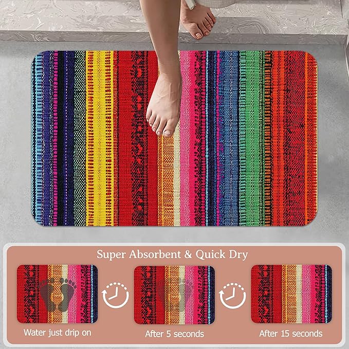 Mexican Bathroom Rugs,Bath Mats for Bathroom,Ethnic Stripes Rainbow Low Pile Absorbent Bath Mat,Rubber Backing Non Slip Washable Thin Quick Dry Door Mat 17x29.5 Inch