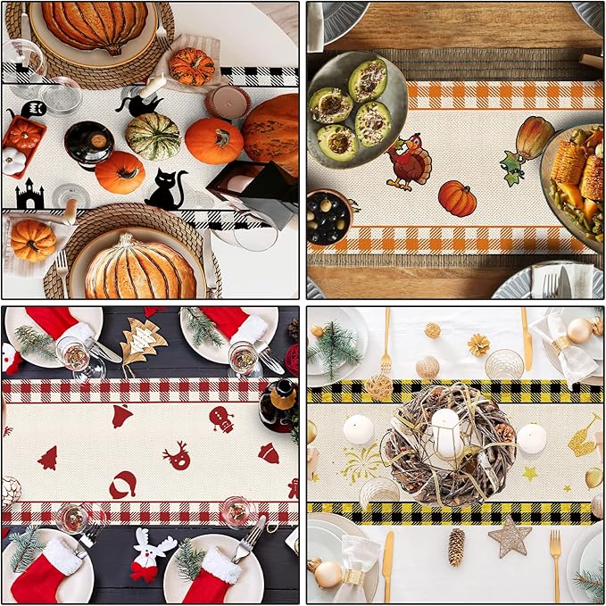 8 Pcs Gnomes Holiday Table Runner 72 Inches Long, Plaid Valentines Day St Patricks Day Easter 4th of July Halloween Thanksgiving Day New Year Christmas Burlap Table Decor for Home Farmhouse