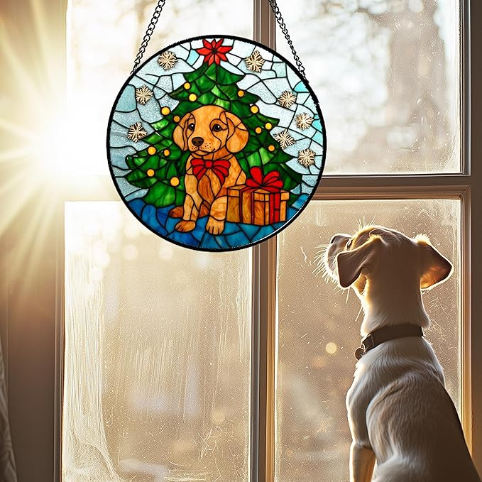 Stained Glass Window Hanging Green Christmas Tree Snowflake Dog 9.8" - Suncatcher Door Garden Sun Catcher Xmas Holiday Decor Birthday for Mom Men Woman Friend Nana