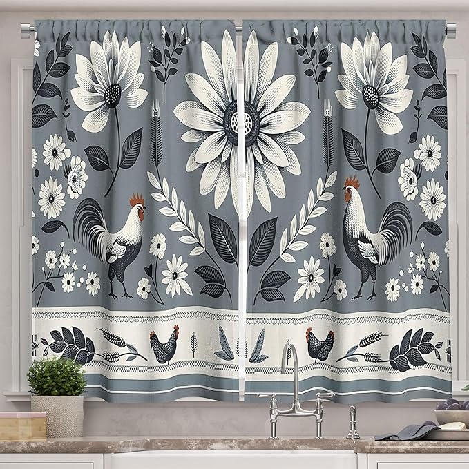 Ambesonne Cottagecore Kitchen Curtains, Cold Floral Art with Leaves Rooster Illustration Line Detail Bohemian, Window Drapes 2 Panel Set for Kitchen Cafe Decor, 55" x 39", Blue Grey and Off White