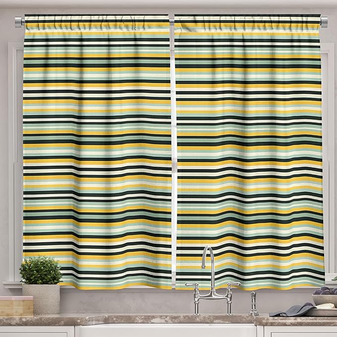 Ambesonne Stripes Long Kitchen Curtains, Horizontal Lines Simple Design with Retro Farmhouse Inspired Colors, 2 Panel Set Drapes with Rod Pocket Room Decor, 55" x 45", Mustard Reseda Green