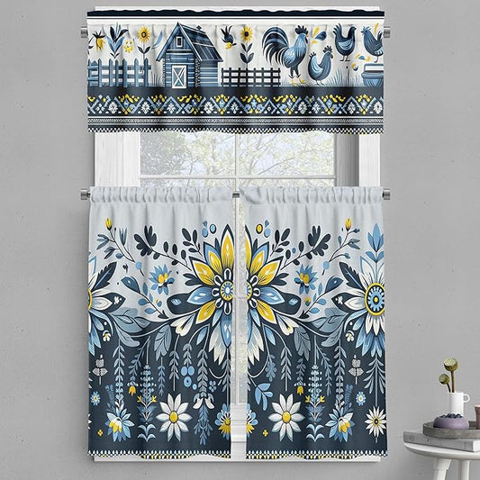 Ambesonne Farmhouse Valance & Tier Curtain 3 pcs Set, Ethnic Flower and Leafy Branch Ornaments with Barn Rooster Field Garden Print, Window Treatments for Kitchen Room Decor, 55" x 30", Blue Yellow