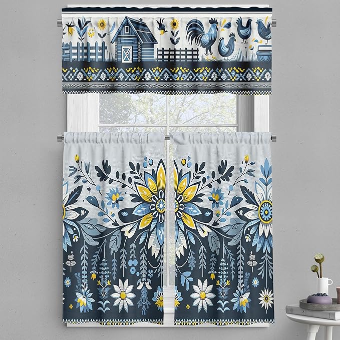 Ambesonne Farmhouse Valance & Tier Curtain 3 pcs Set, Ethnic Flower and Leafy Branch Ornaments with Barn Rooster Field Garden Print, Window Treatments for Kitchen Room Decor, 55" x 45", Blue Yellow