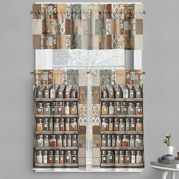 Ambesonne Boho Valance & Tier Curtain 3 pcs Set, Vintage Style Bohemian Pattern with Spices and Ethnic Patchwork Rectangles, Window Treatments for Kitchen Room Decor, 55" x 24", Taupe Grey Teal Orange