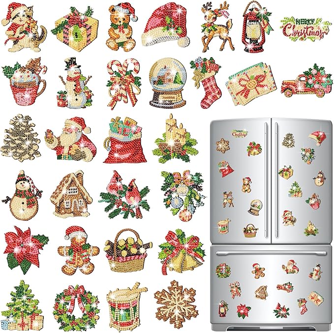 30 Pcs Christmas Diamond Art Magnets Kits DIY Santa Claus Diamond Fridge Magnetic Stickers Xmas Gem Art Magnets for Beginners Holiday Decor Home