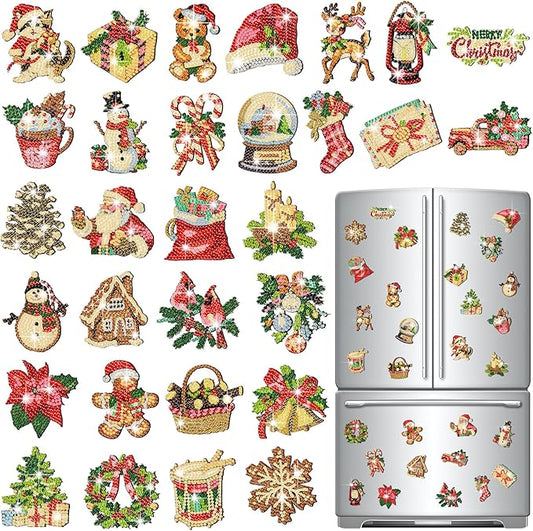 30 Pcs Christmas Diamond Art Magnets Kits DIY Santa Claus Diamond Fridge Magnetic Stickers Xmas Gem Art Magnets for Beginners Holiday Decor Home