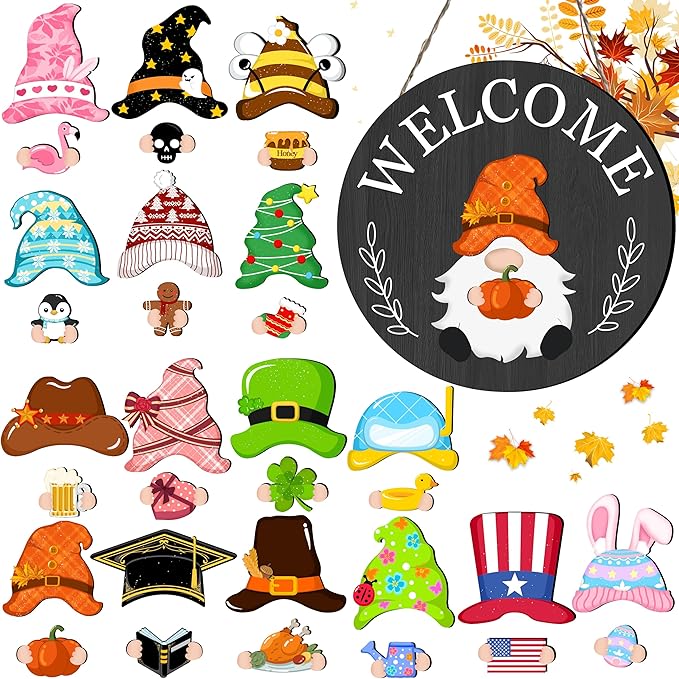 Veluckin Seasonal Gnome Wall Decor Set, 11.8 inch Thanksgiving Wooden Round Sign with Interchangeable Holiday Hats, Autumn Welcome Door Hanging (Black grey-3)