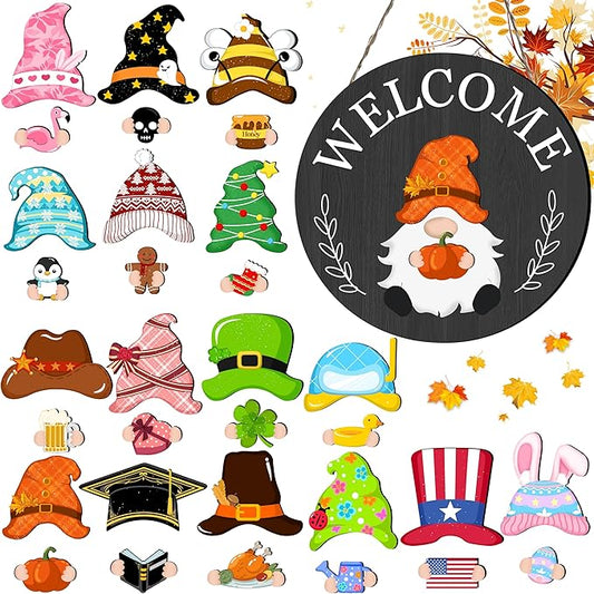 Veluckin Seasonal Gnome Wall Decor Set, 11.8 inch Thanksgiving Wooden Round Sign with Interchangeable Holiday Hats, Autumn Welcome Door Hanging (Black grey-3)