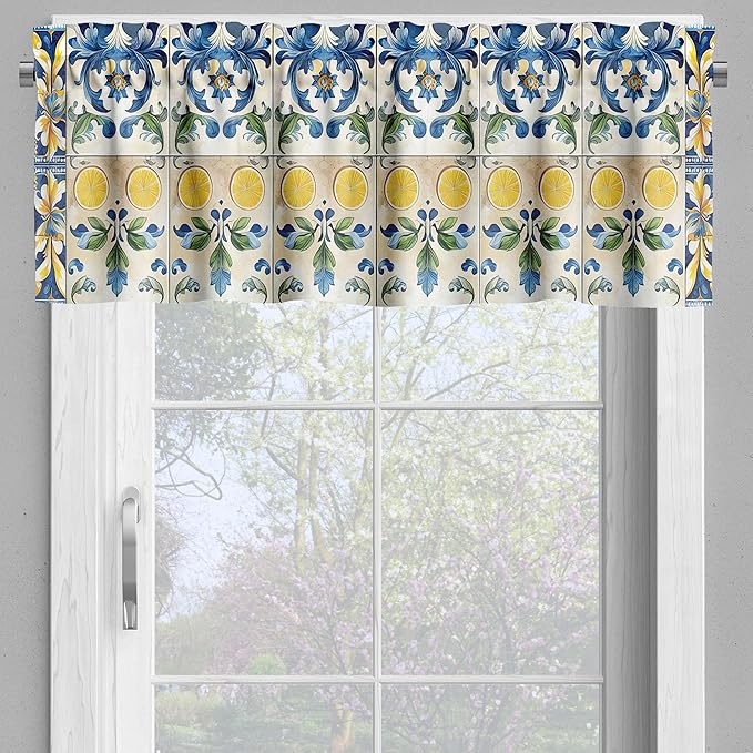 Ambesonne Mediterranean Valance & Tier Curtain 3 pcs Set, Lemons Classic Mosaic Motifs Traditional Italian Portuguese Summer, Window Treatments for Kitchen Room Decor, 55" x 30", Blue Yellow and Green