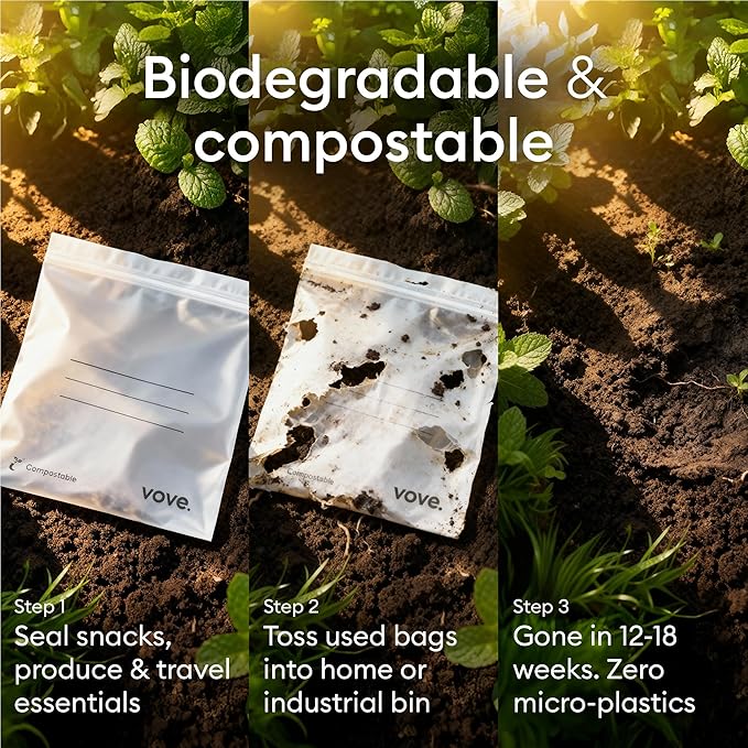 Vove Compostable Quart Bags, Large 30 Count – Freezer Safe, Leak Resistant, Non Toxic Food Storage for Leftovers & Meal Prep, Plastic-Free Eco Bags