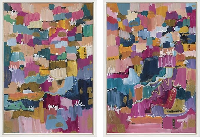 Kate and Laurel Sylvie Applause Framed Canvas Wall Art Set by Leah Nadeau, Set of 2, 23x33 White, Multicolored Abstract Art Collection for Wall