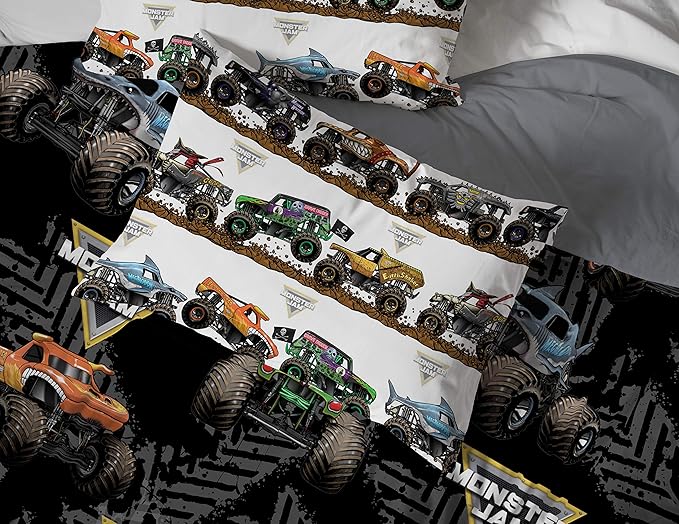 Jay Franco Monster Jam 5 Piece Queen Bed Set - Includes Comforter & Sheet Set - Grave Digger & Megalodon - Super Soft Fade Resistant Microfiber