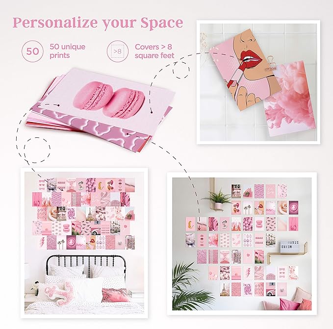 HAUS AND HUES Pink Aesthetic Wall Collage Kit - Set of 50 Pink Pictures for Cute Room Decor