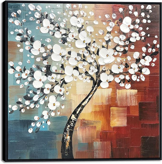 Wieco Art Framed Art Morning Glory Modern Abstract White Flowers Oil Paintings on Canvas Wall Art Floral Artwork for Living Room Bedroom Home Office Decorations Wall Decor