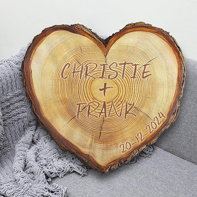 Carved Wood Slice Shaped Ugly Plush Pillow - Wooden Heart Shaped Pillows, Couple Initial Name Personalized Decorative Throw Pillow for Room Decor Sofa Chair, Gifts for Him and Her