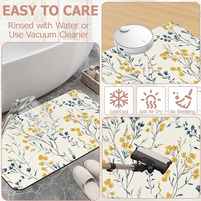 Blue Leaves Bath Mat,Yellow Berries Diatomaceous Earth Bath Mat,Rubber Backing Quick Dry Absorbent Washable Bathroom Rugs for Tub Non Slip 17"x29.5"
