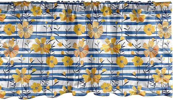 Ambesonne Floral Window Valance Pack of 2, Summer Inspired Expressionist Look Leafy Flower Garden with Stripes, Rod Pocket Curtain Valances for Kitchen Bedroom, 54" X 18", Mustard Cobalt Blue White