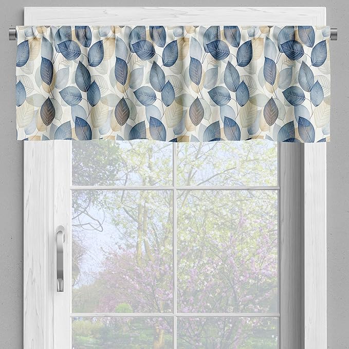 Ambesonne Autumn Leaves Window Valance Pack of 2, Urban Jungle Themed Falling Pale Tone Leafy Peduncles Pattern, Rod Pocket Curtain Valances for Kitchen Bedroom, 42" X 12", Dark Night Blue and Beige